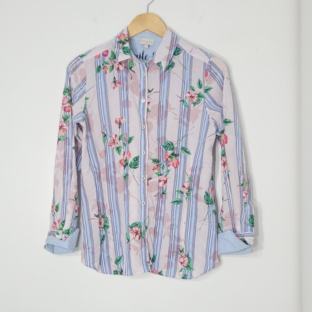 Milano Multicolor Striped & Floral Long Sleeve Button-Down Shirt Lightweight 36
